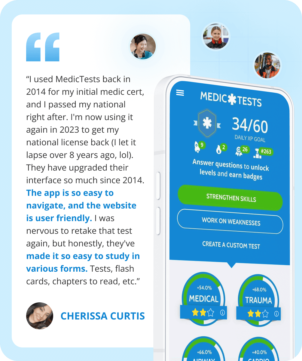 \“I used MedicTests back in 2014 for my initial medic cert, and I passed my national right after. I'm now using it again in 2023 to get my national license back (I let it lapse over 8 years ago, lol). They have upgraded their interface so much since 2014. The app is so easy to navigate, and the website is user friendly. I was nervous to retake that test again, but honestly, they've made it so easy to study in various forms. Tests, flash cards, chapters to read, etc.\” - Cherissa Curtis